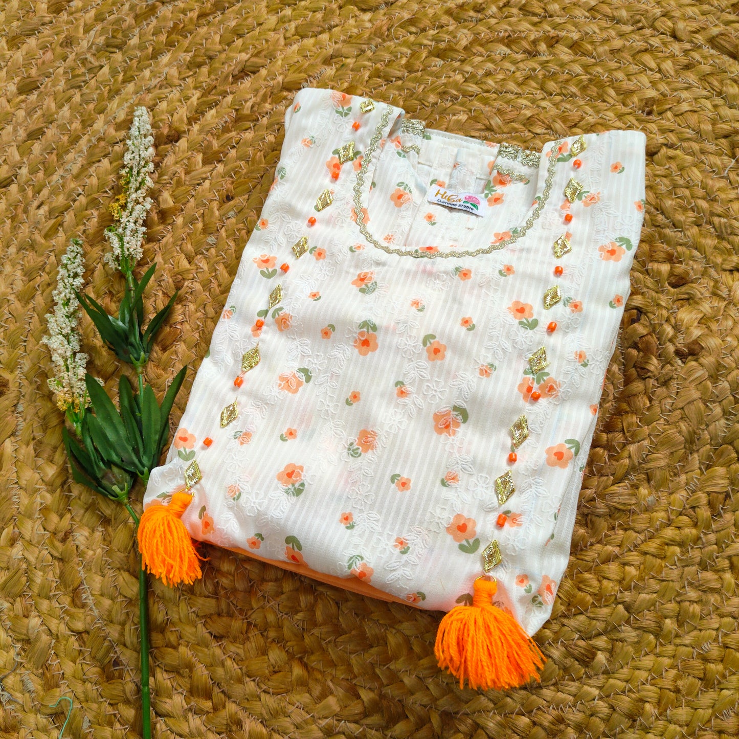 Orange floral embossed lawn 2 pcs festive dress-(FSE-004)