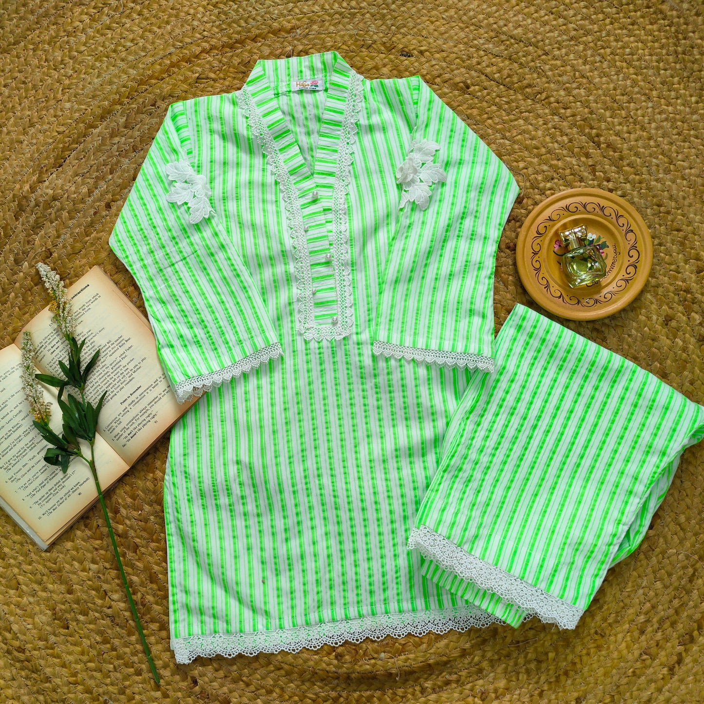 Fluorescent green striped Lawn Co-ord set  (FSB-004)