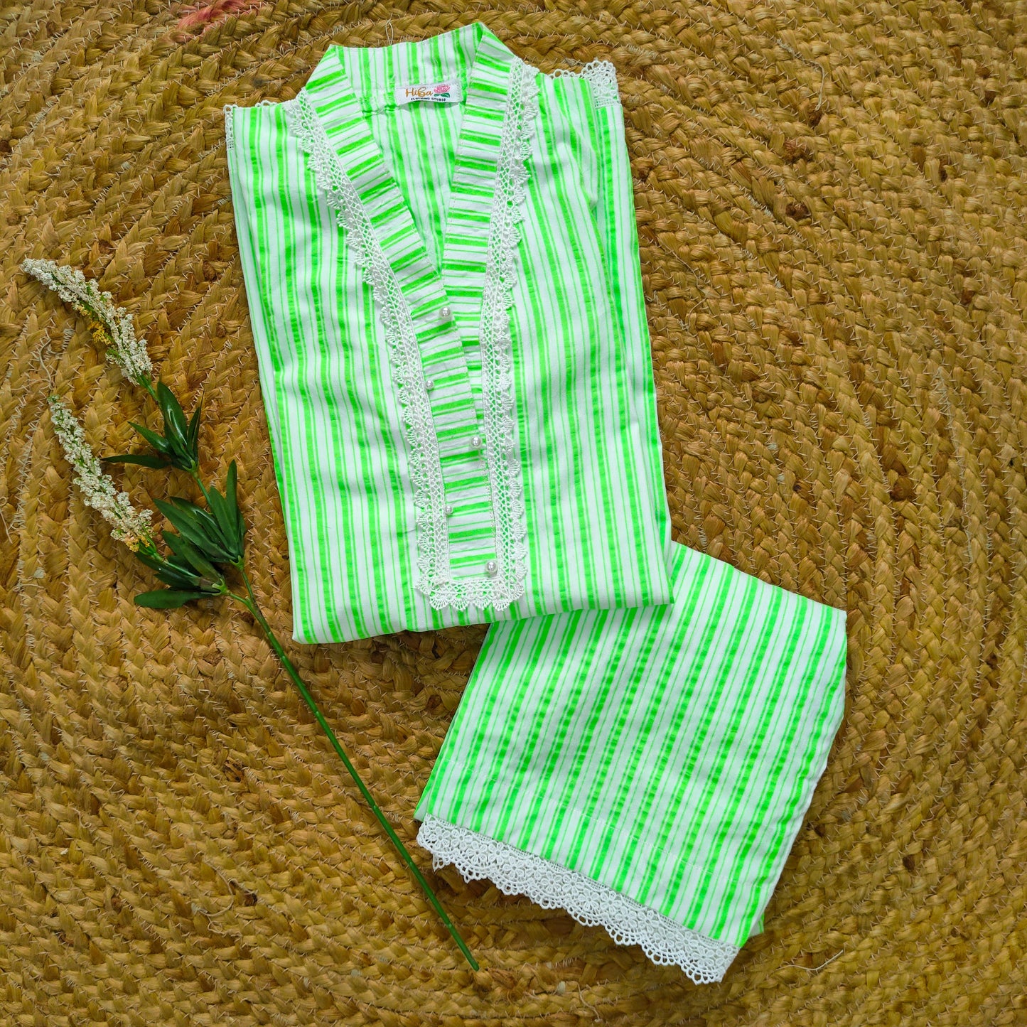 Fluorescent green striped Lawn Co-ord set  (FSB-004)