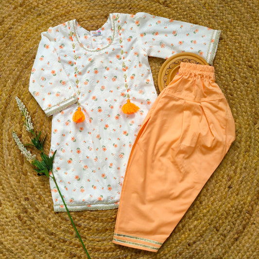 Orange floral embossed lawn 2 pcs festive dress-(FSE-004)