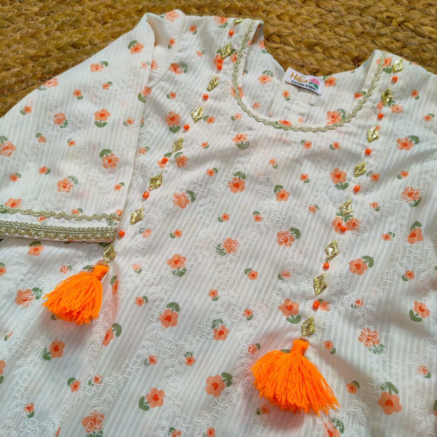 Orange floral embossed lawn 2 pcs festive dress-(FSE-004)
