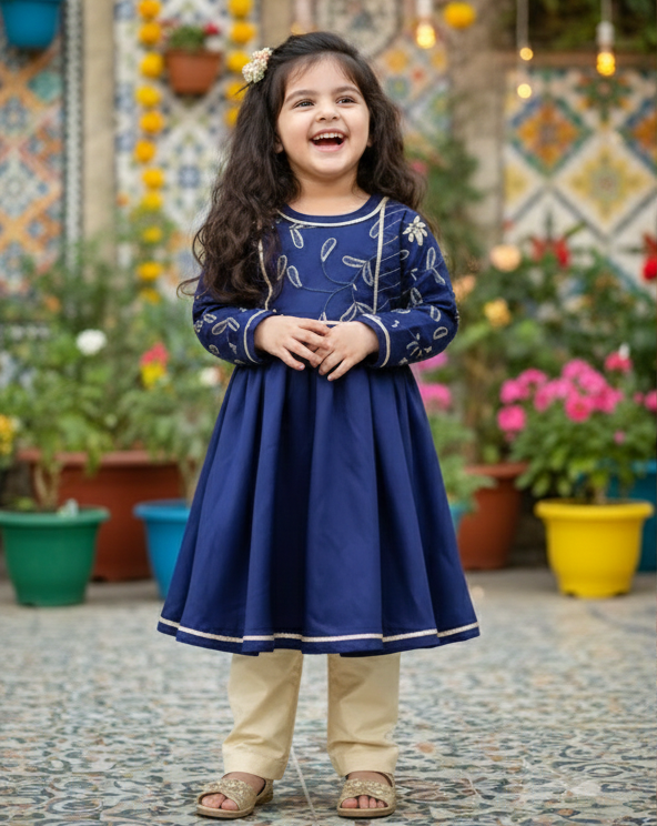 Navy Blue and Fawn 2 PC Silk suit (BFC-0027)