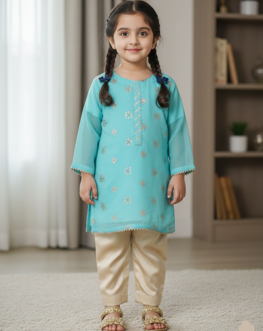 Seagreen and Fawn 2 PC Chiffon suit (BFC-0023)