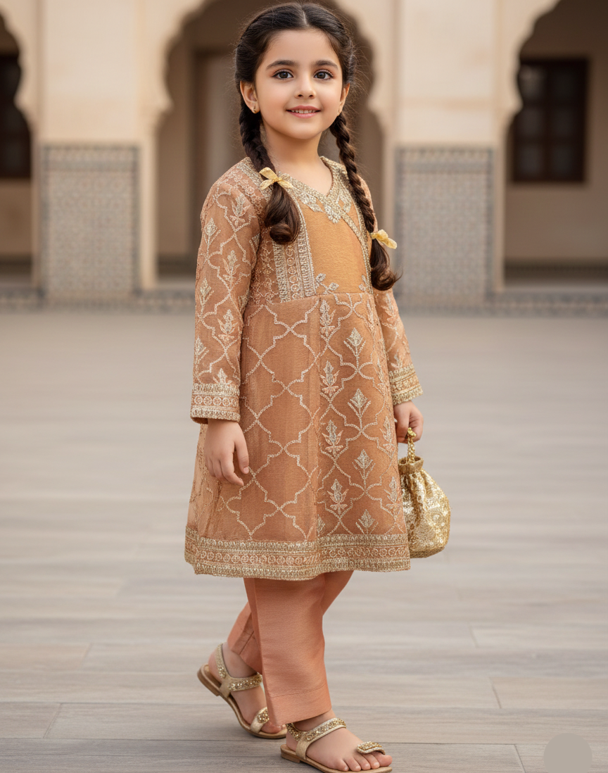 Peach Gold 2 PC Organza suit (BFC-0025)