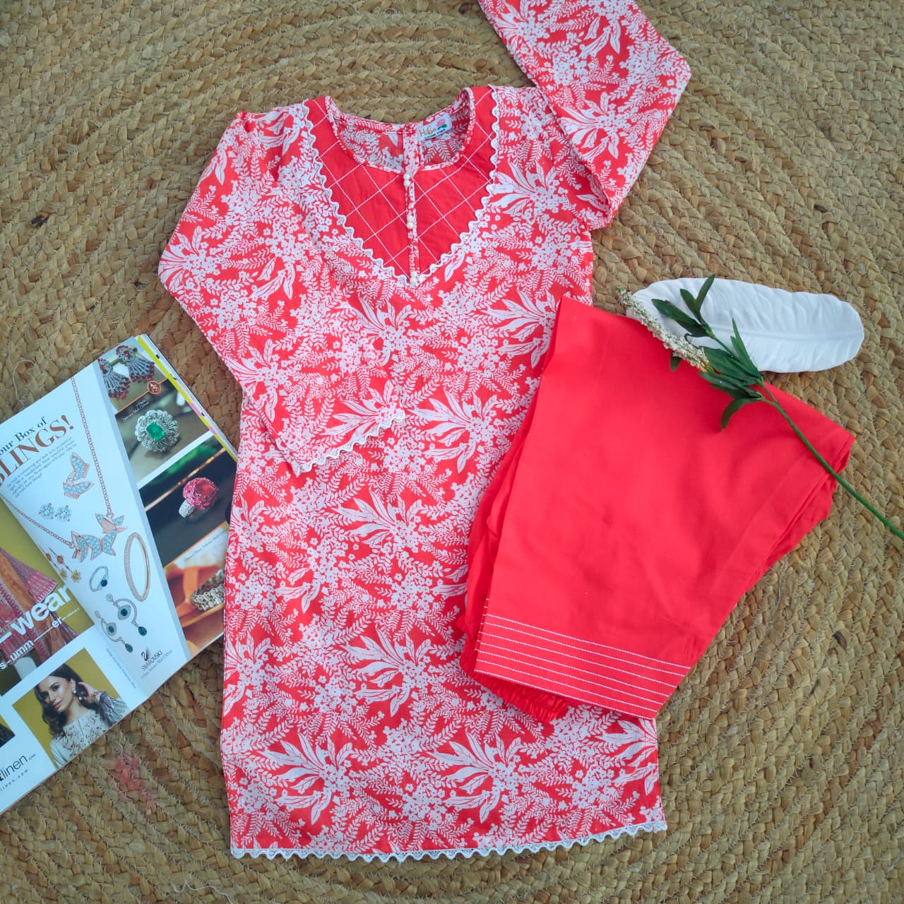 Red & White Adults 2 PC Lawn suit (MDT-0013)