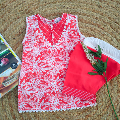 Red & White Adults 2 PC Lawn suit (MDT-0013)